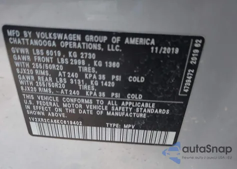 2019 Volkswagen Atlas 3.6L V6 Se W/Technology R-Line из США, поврежденный, VIN 1V2XR2CA6KC619402